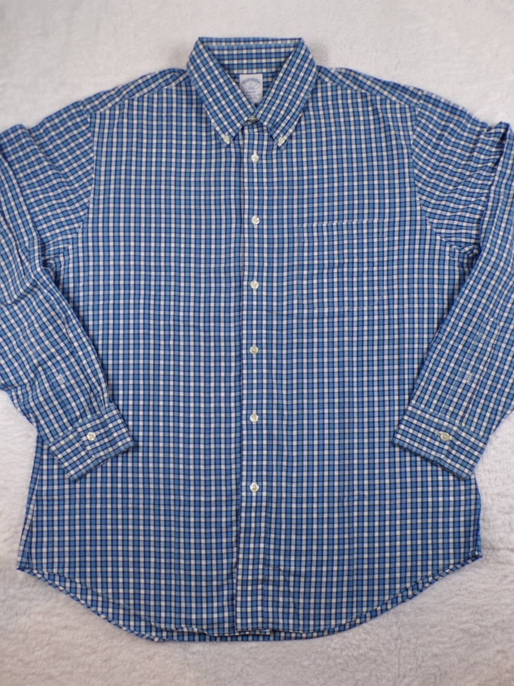BrooksBros Men's Button-Down Dress shirt Blue/White Square Pattern Size L
